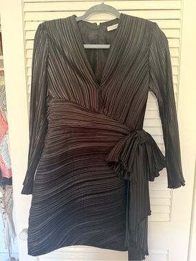 Givenchy Pleated Wrap-Style Long Sleeve Dress in Black
